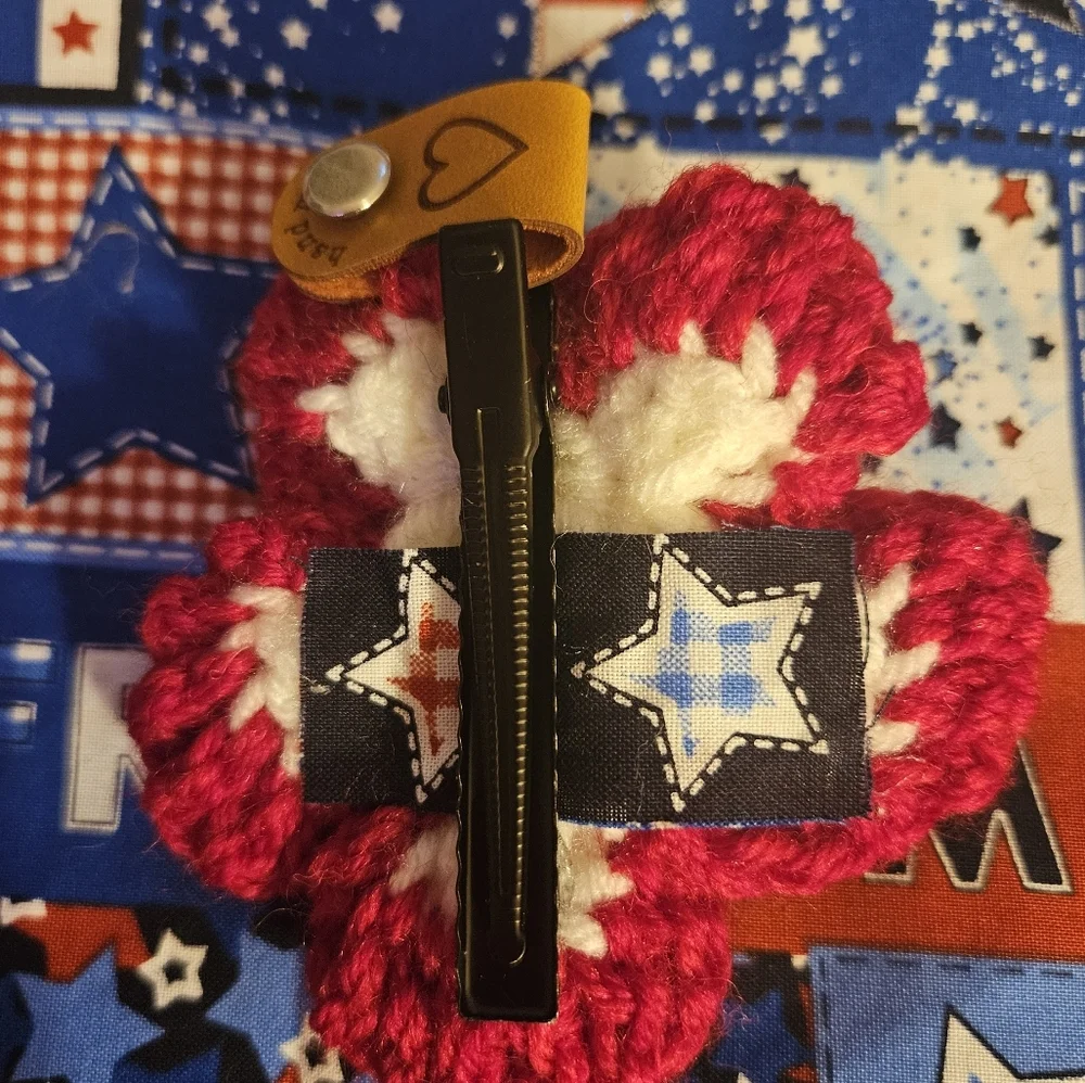 Handmade Red and Blue Crochet Flower Hair Clip Hand Crafted Brooch  Patriotic 4